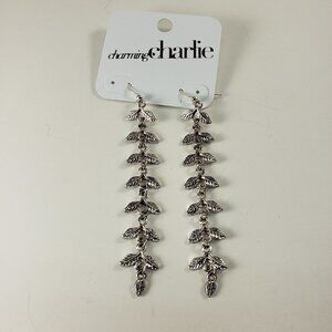 3.75 Inch Textured Metal Leaves Design Drop Dangle Earrings - Silver Tone Finish